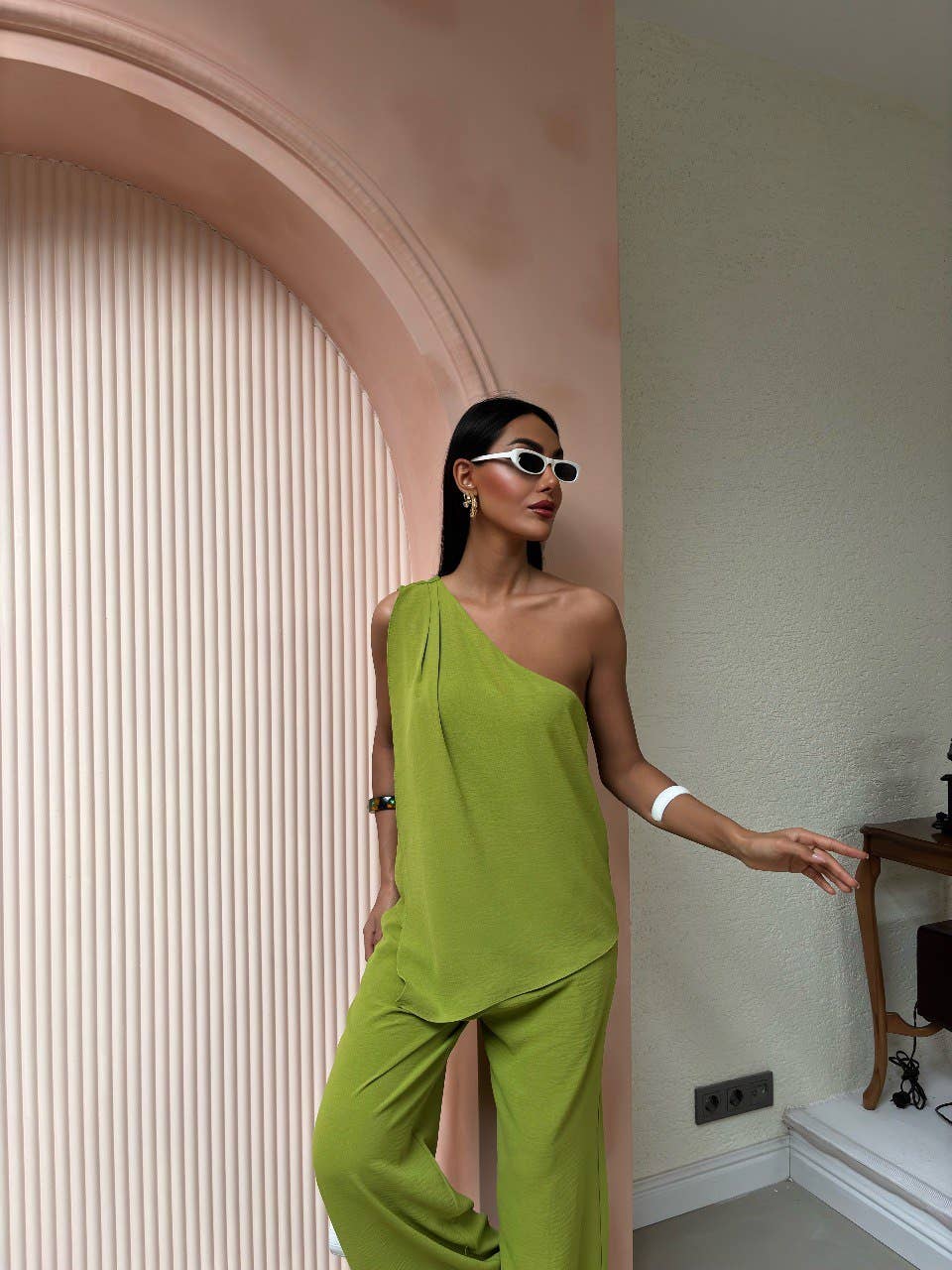 One shoulder blouse and relaxed fit pants-linen pantsuit