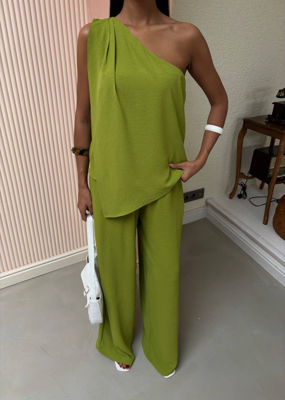 One shoulder blouse and relaxed fit pants-linen pantsuit