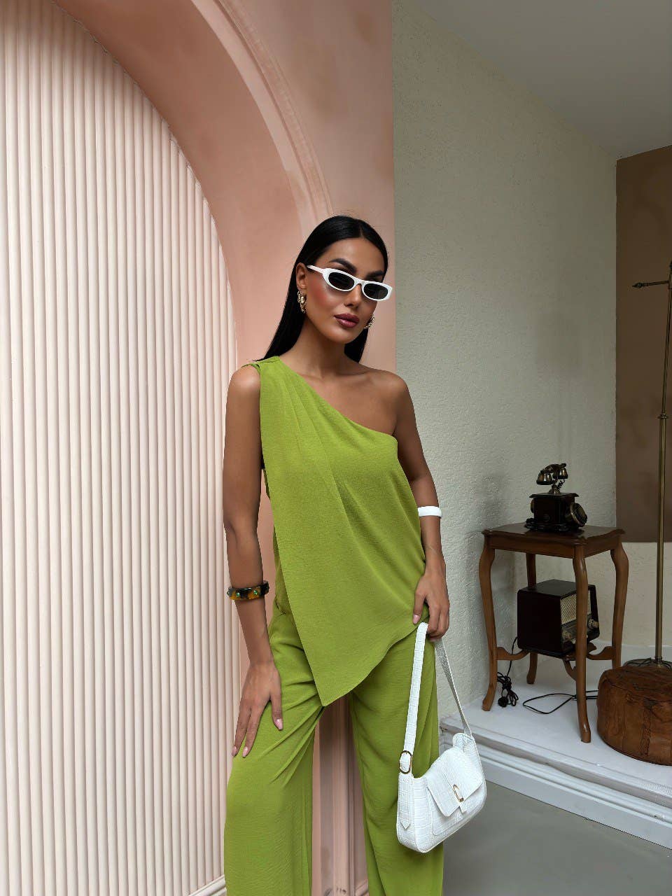 One shoulder blouse and relaxed fit pants-linen pantsuit