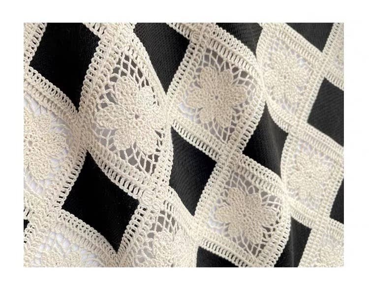 Crochet Lace Checkered High Waist Midi Skirt