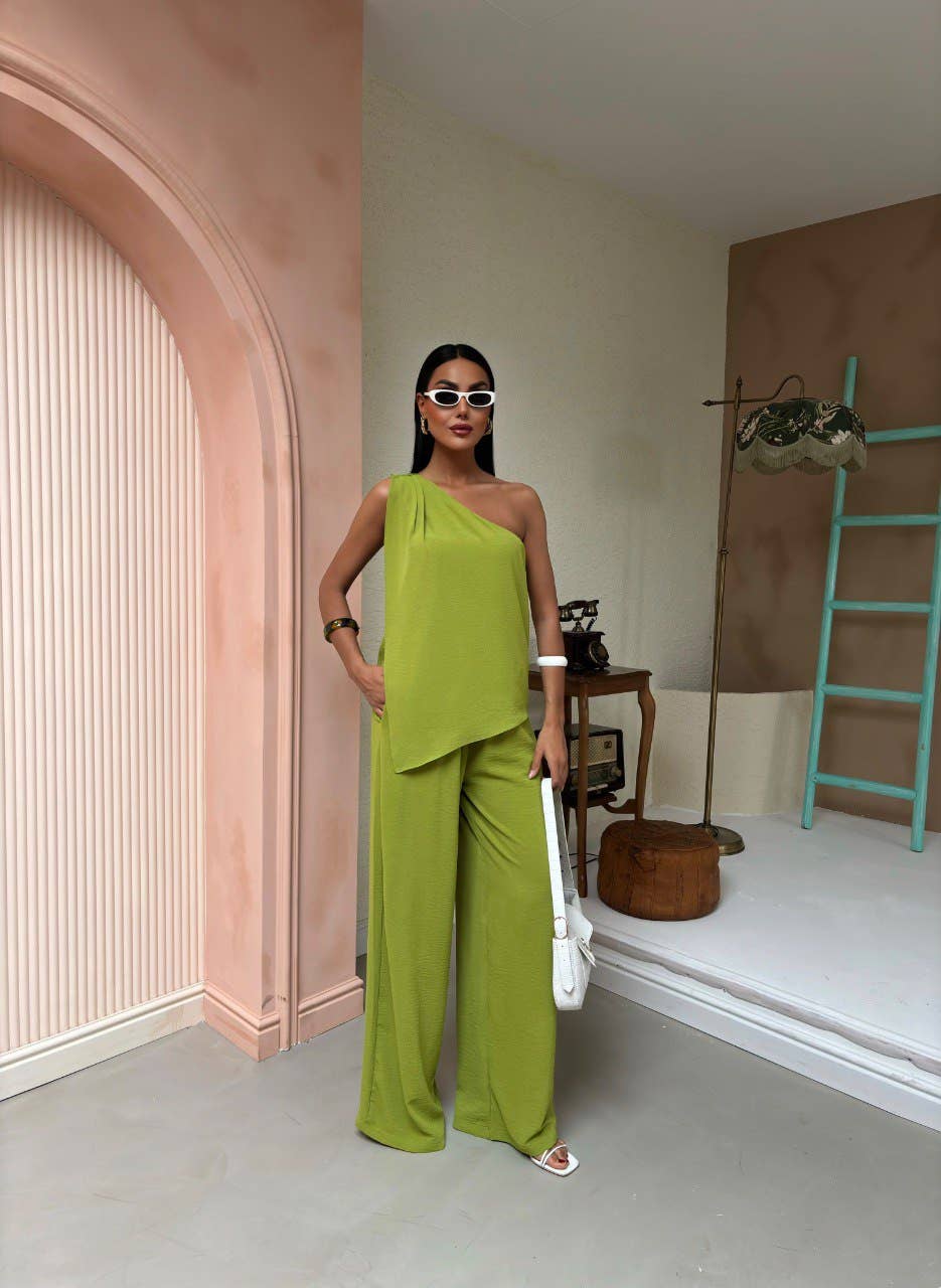 One shoulder blouse and relaxed fit pants-linen pantsuit