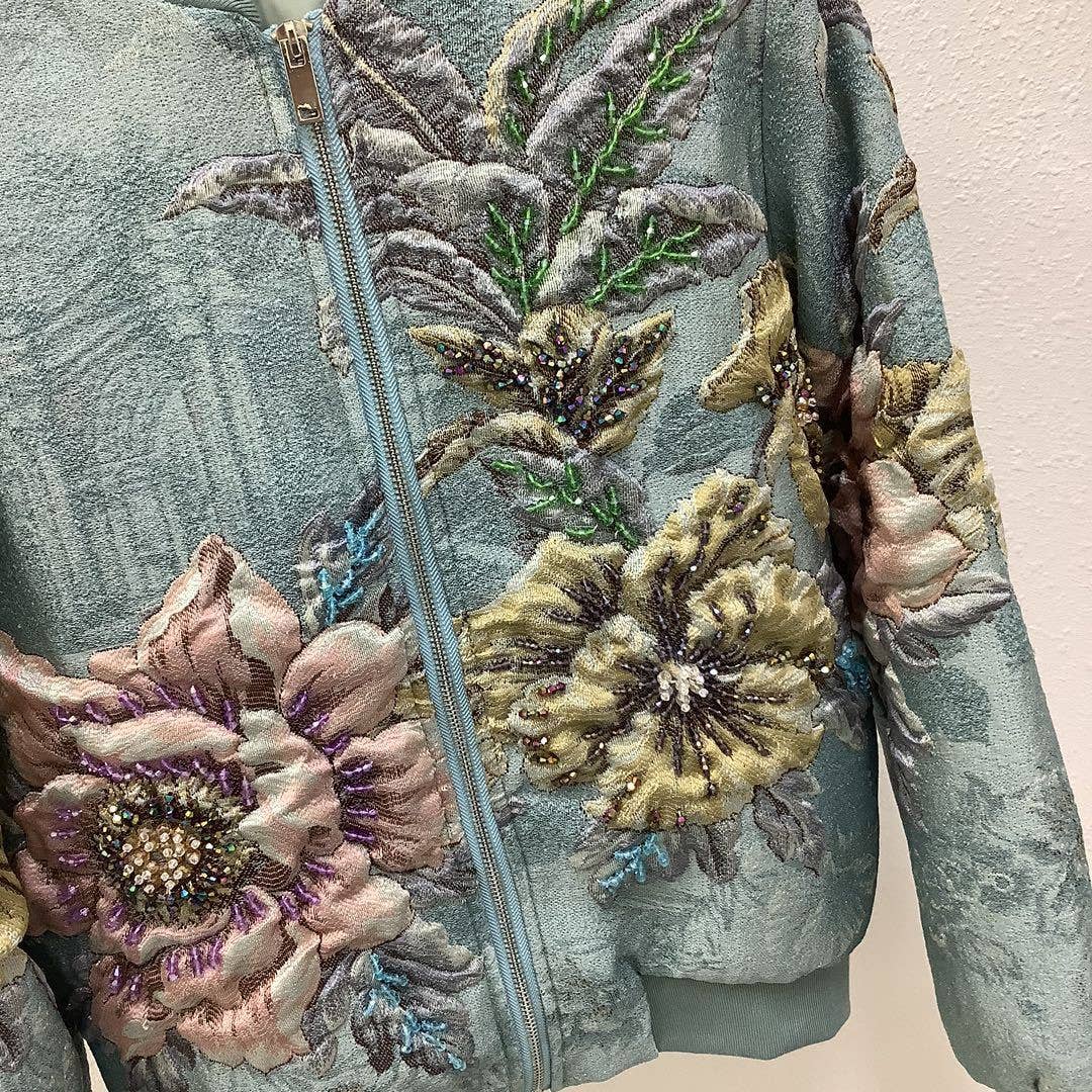 Floral Embroidered Zip Front Bomber Jacket