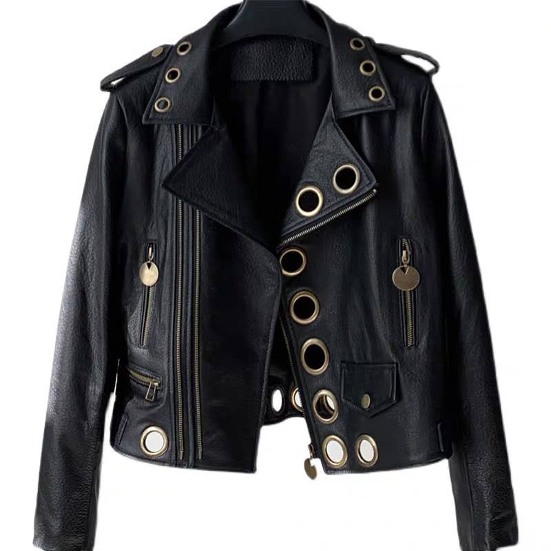 Lambskin Studded Moto Leather Cropped Jacket