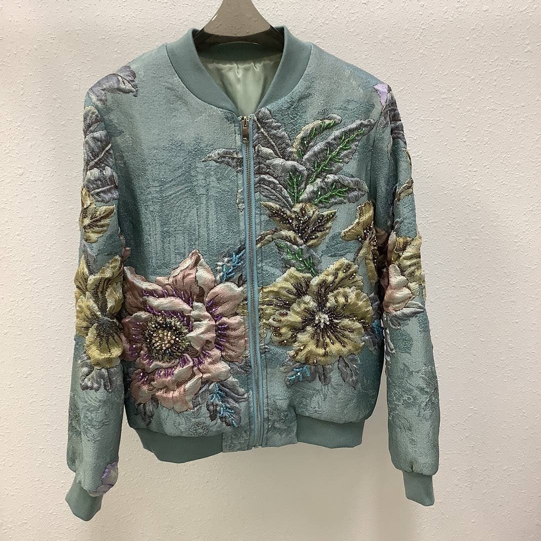 Floral Embroidered Zip Front Bomber Jacket