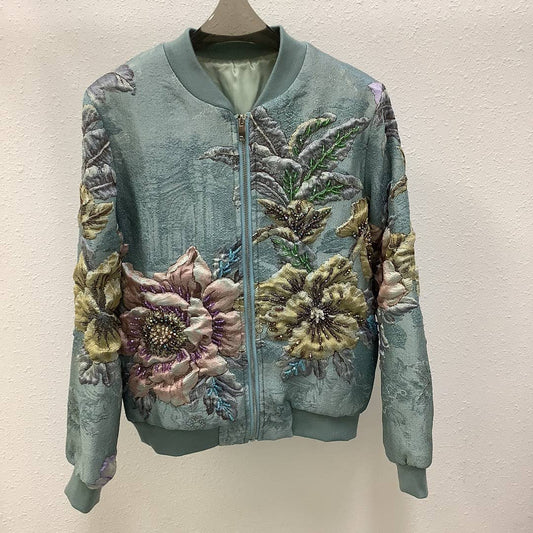 Floral Embroidered Zip Front Bomber Jacket