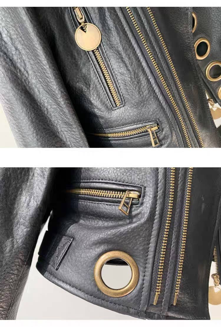 Lambskin Studded Moto Leather Cropped Jacket