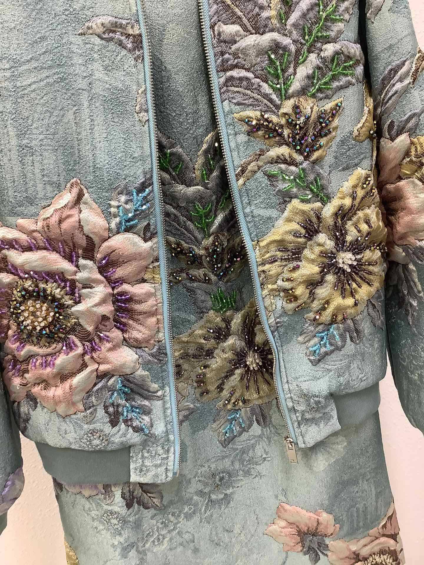 Floral Embroidered Zip Front Bomber Jacket