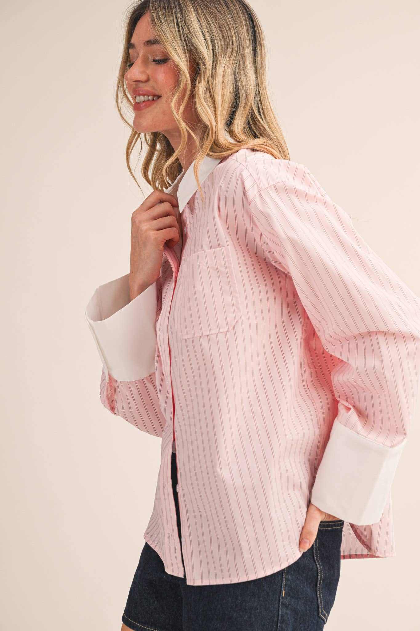 STRIPED CUFF BUTTON DOWN SHIRT