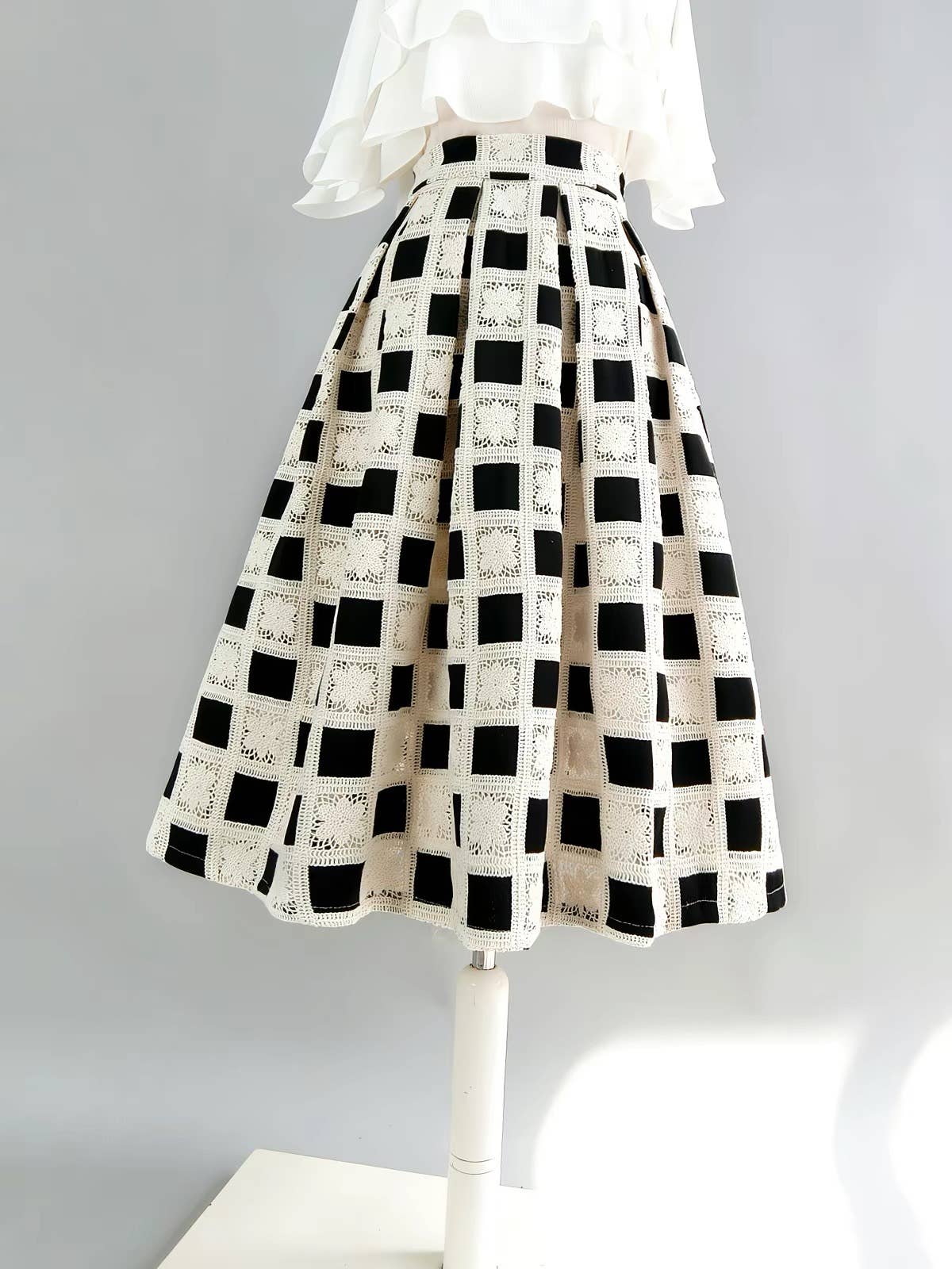 Crochet Lace Checkered High Waist Midi Skirt