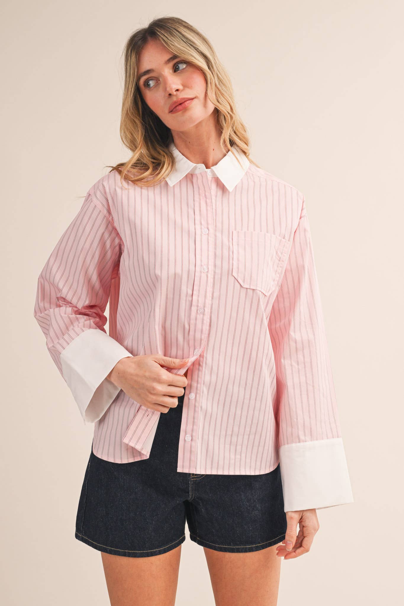 STRIPED CUFF BUTTON DOWN SHIRT