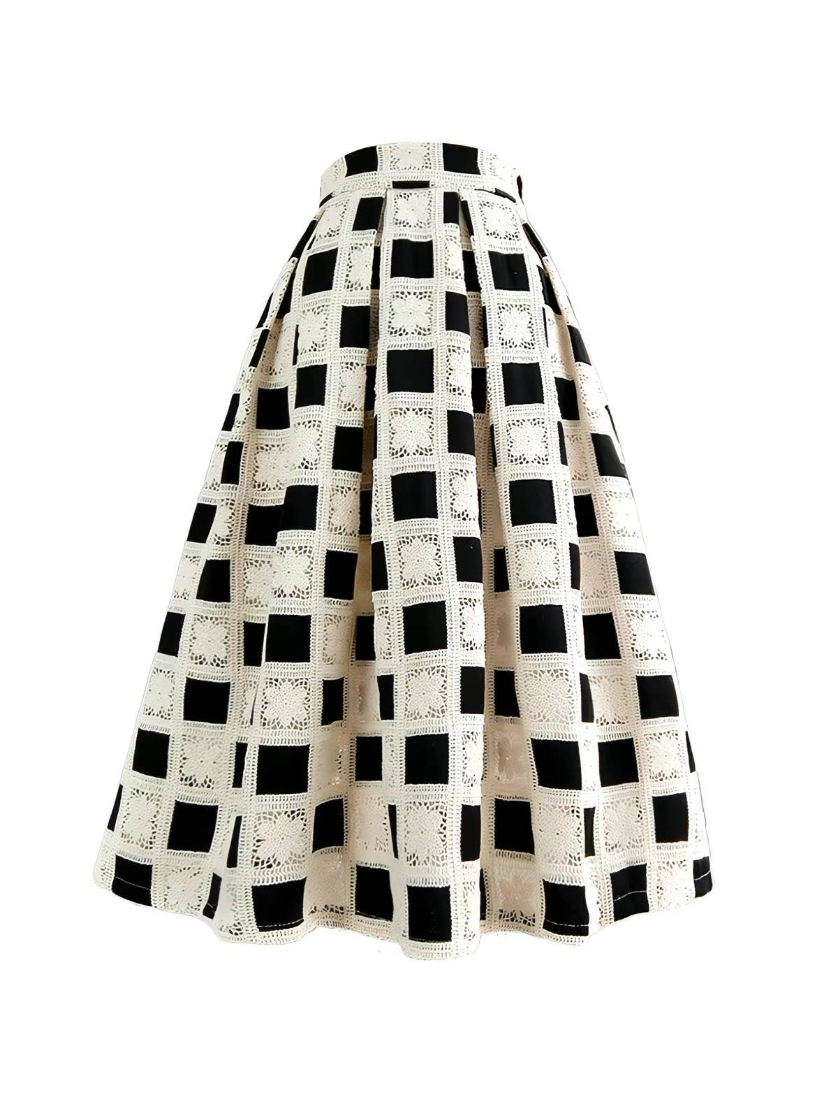 Crochet Lace Checkered High Waist Midi Skirt