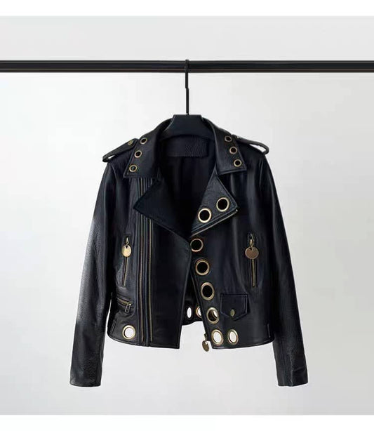 Lambskin Studded Moto Leather Cropped Jacket
