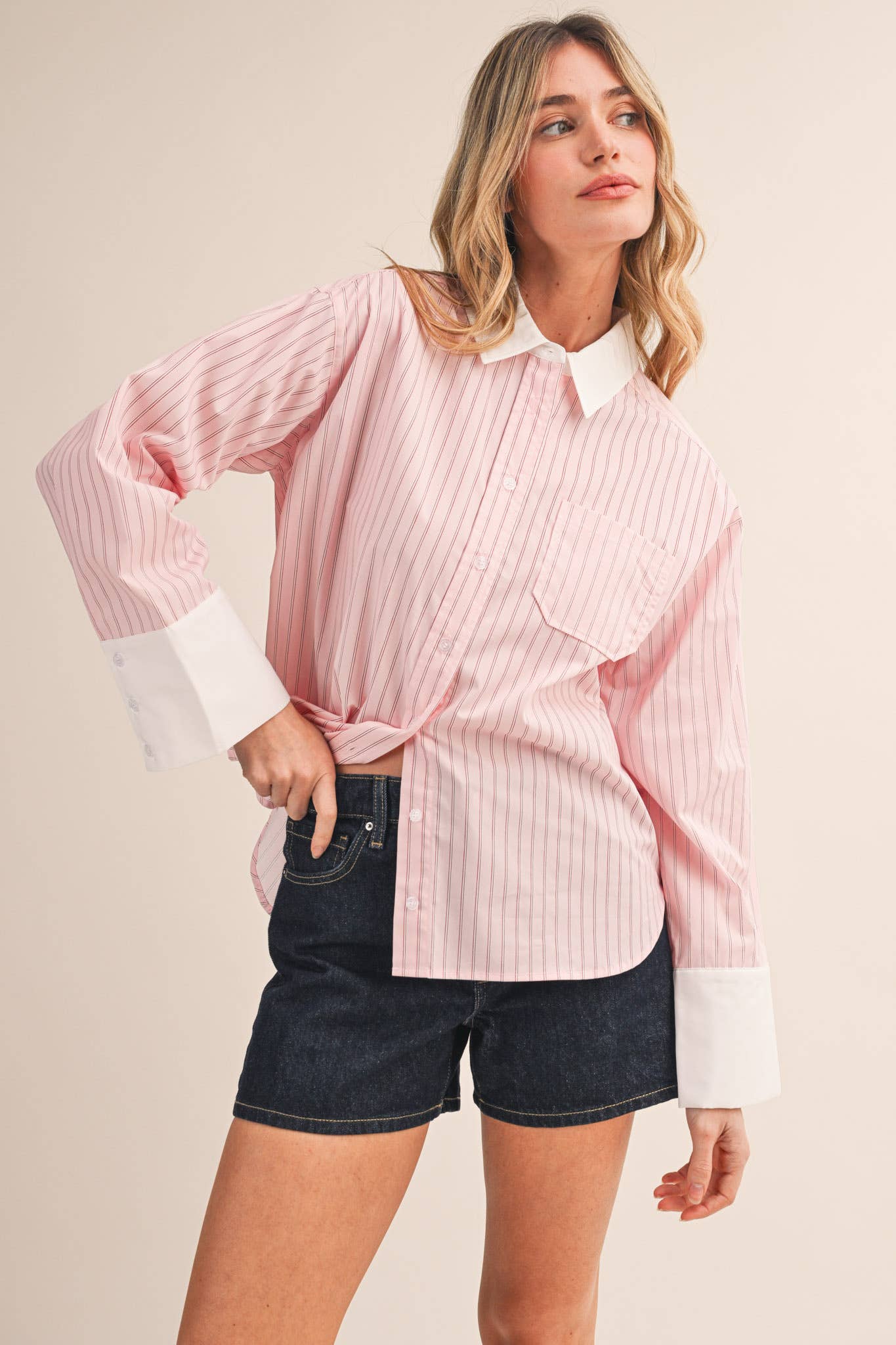 STRIPED CUFF BUTTON DOWN SHIRT