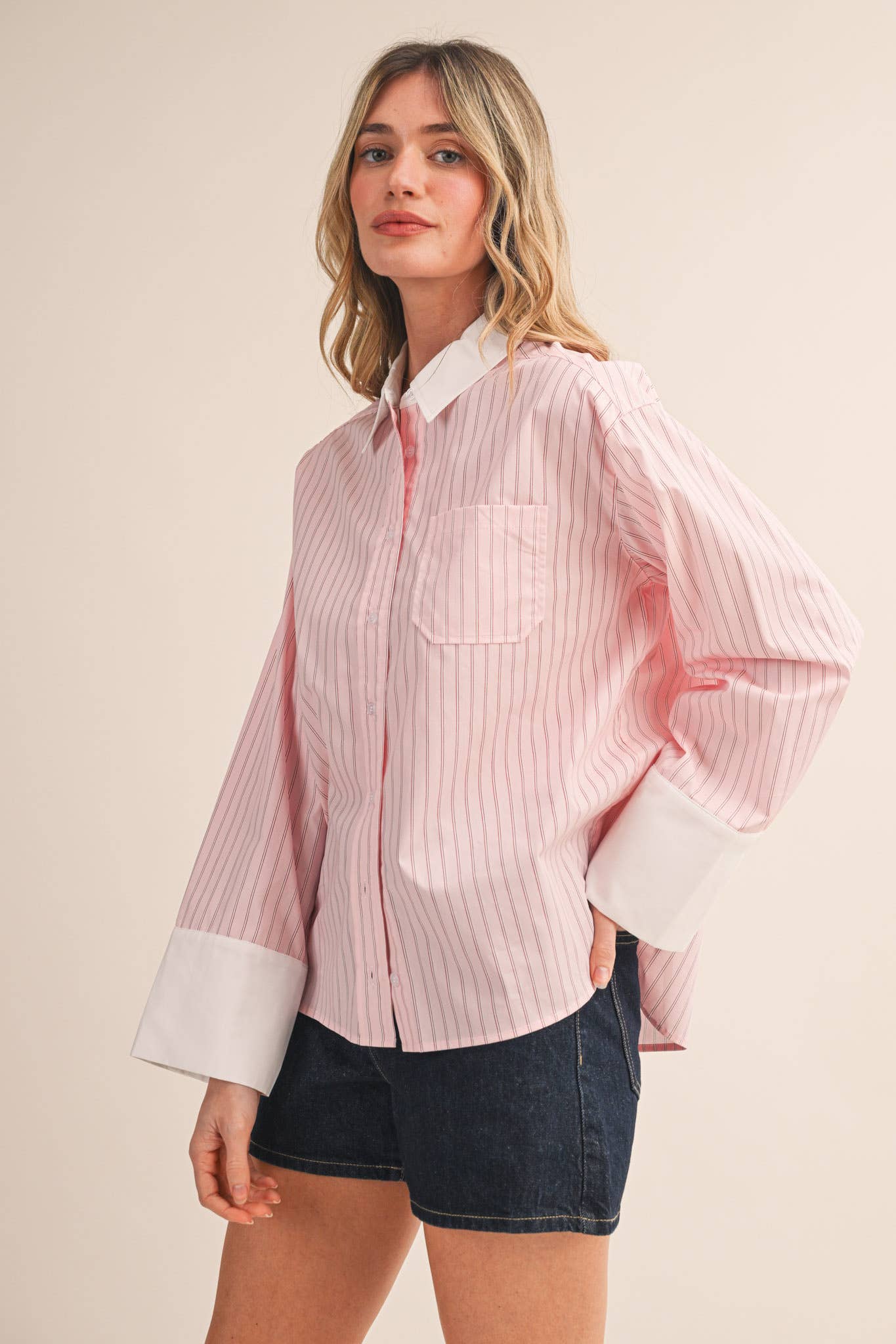 STRIPED CUFF BUTTON DOWN SHIRT
