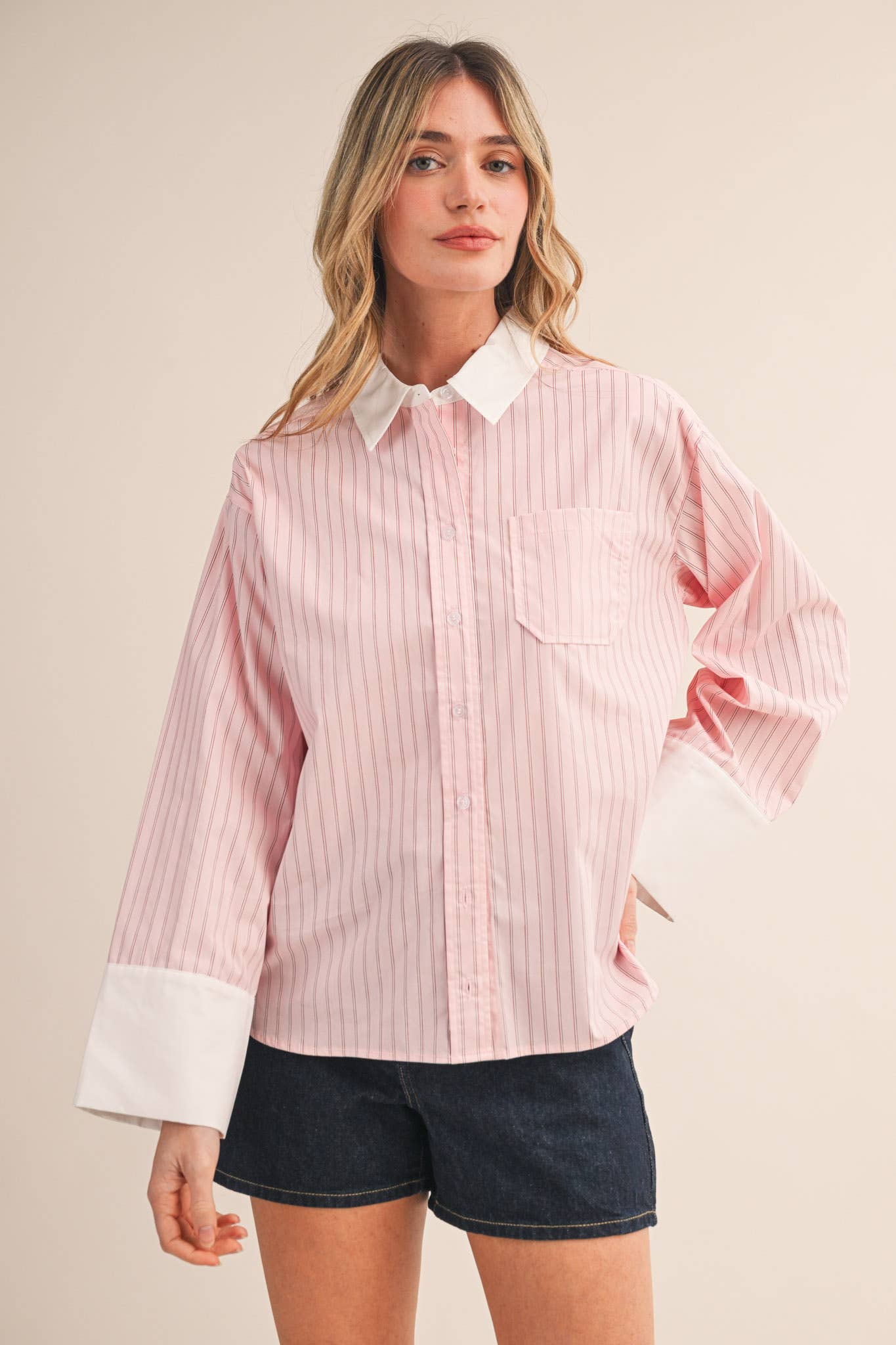 STRIPED CUFF BUTTON DOWN SHIRT