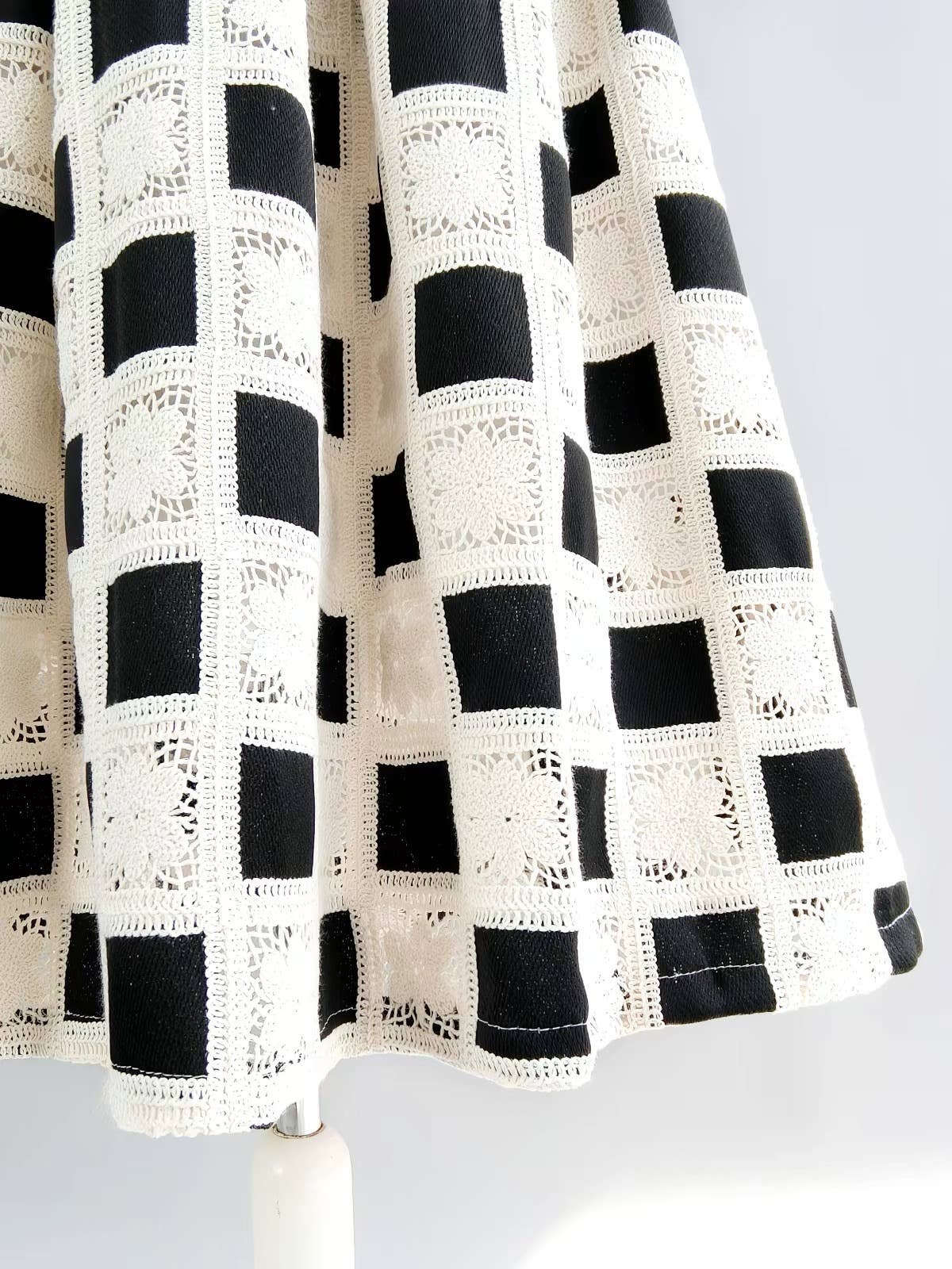 Crochet Lace Checkered High Waist Midi Skirt